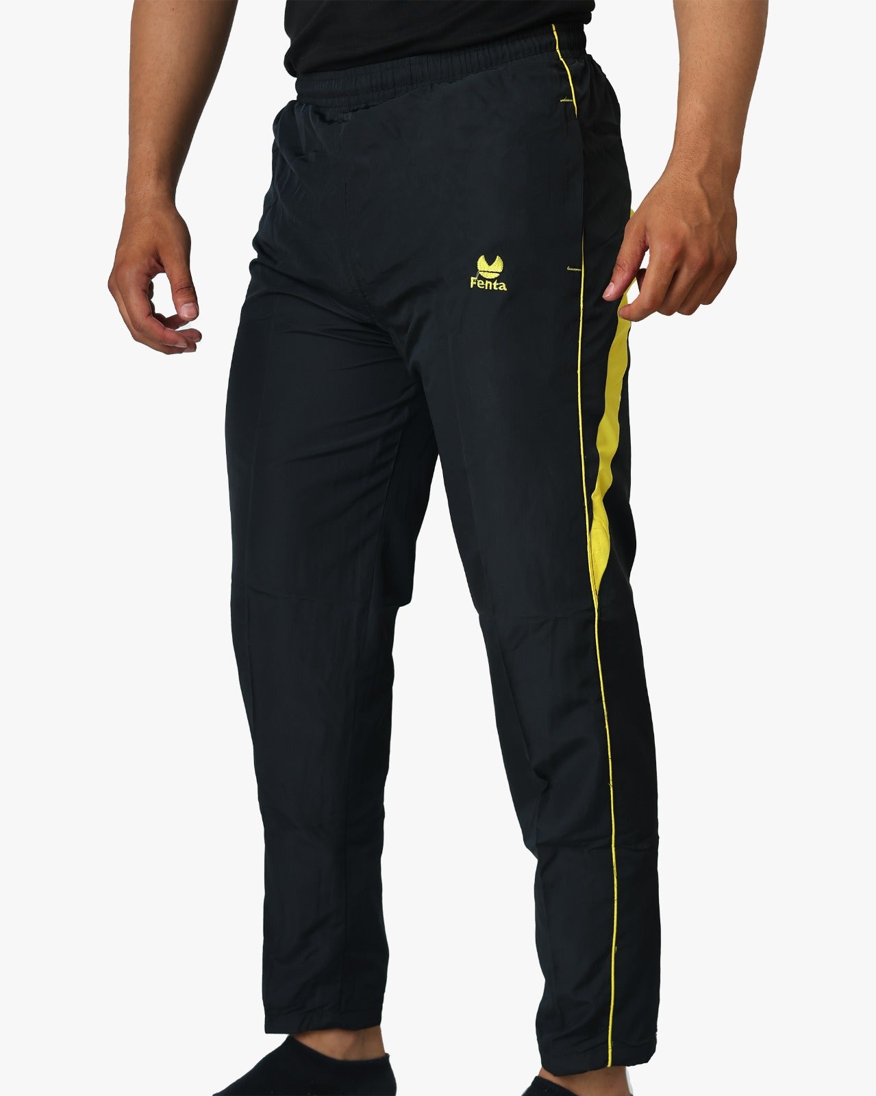 Fenta Black Sports Track Pants with Yellow Stripe